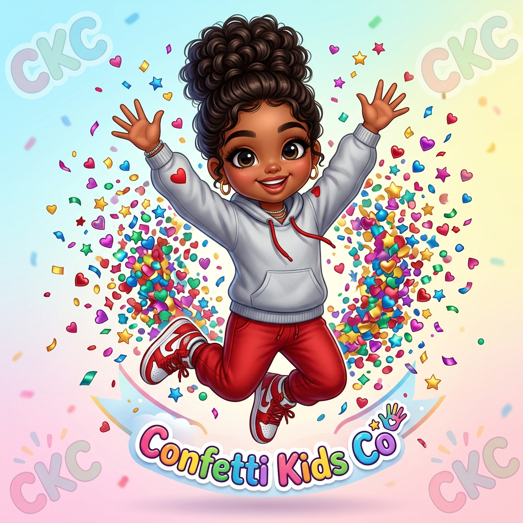 Khalani, the Confetti Kids Co. mascot — a joyful little girl jumping with confetti